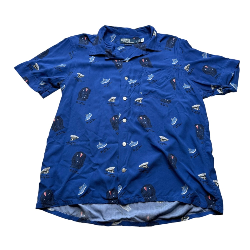 POLO RALPH LAUREN Nautical Themed Camp Shirt Blue Print Men's Size M Classic